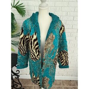 ABC Collection Cardigan Coat Womens M-L Teal Animal Print Excellent Popcorn Coat